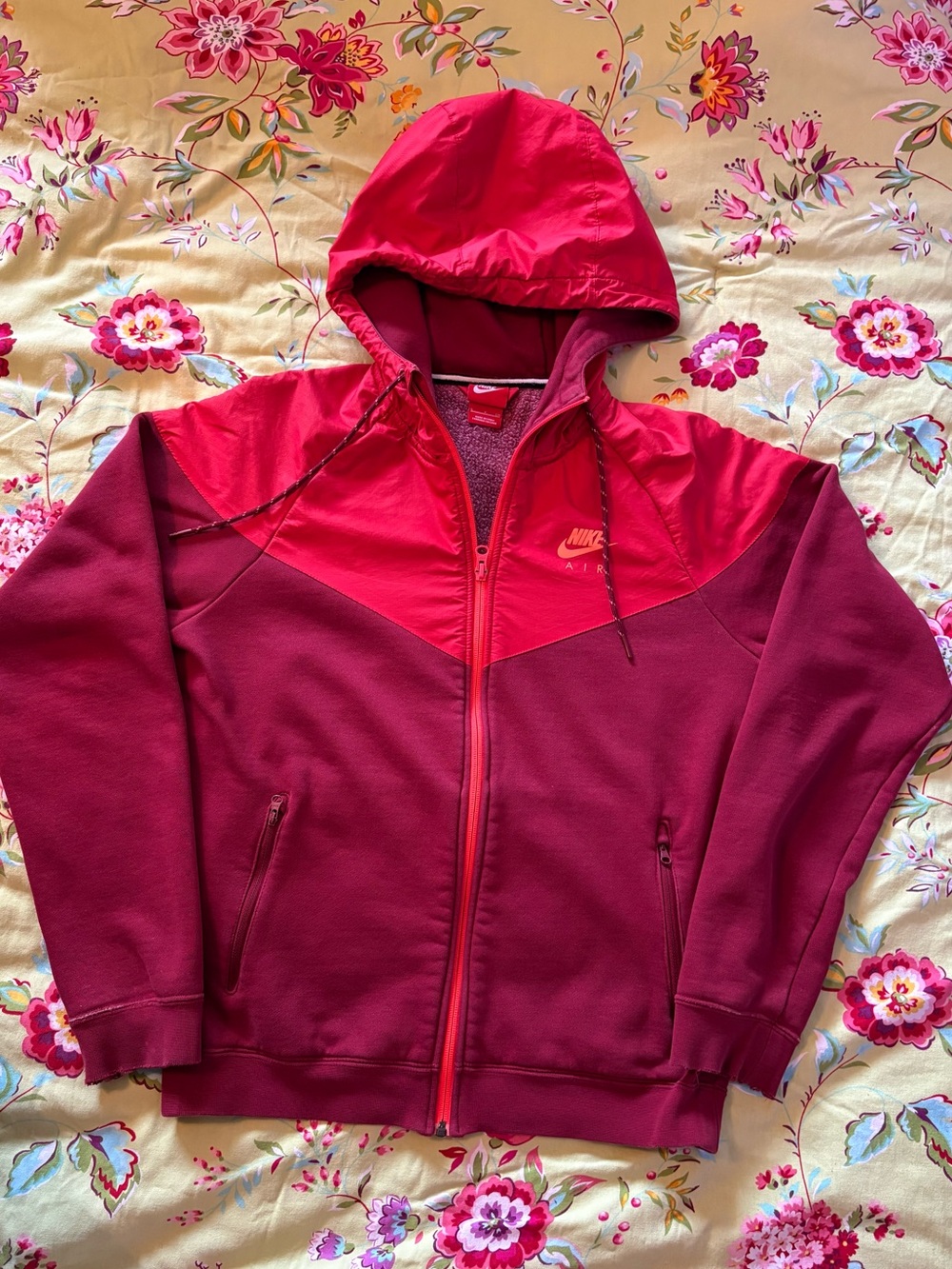 Nike Tech fleece Burgundy Red Colorblock Frayed Cuffs Full Zip Hoodie S 24x22 GC